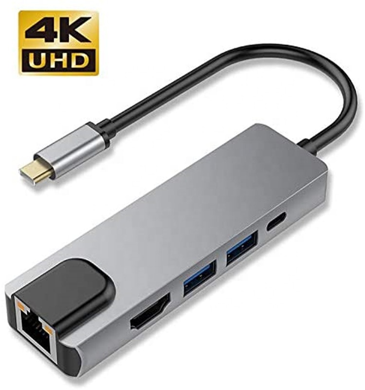 USB C концентратор USB C до Ethernet адаптер переменного тока, 5-в-1 взаимный обмен данными между компьютером и периферийными устройствами Type-C(Thunderbolt 3) с Gigabit 1000 Мбит/с Ethernet порт, 4K кабель-Переходник USB C на HDMI HDTV адаптер