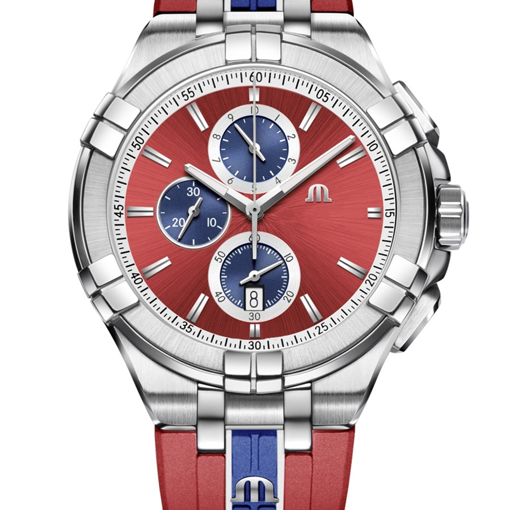 Maurice Lacroix Aikon Quartz Chronograph Special Edition Vikings 43MM Red Dial Red Rubber Strap Men Sport Wrist Watch Orologio