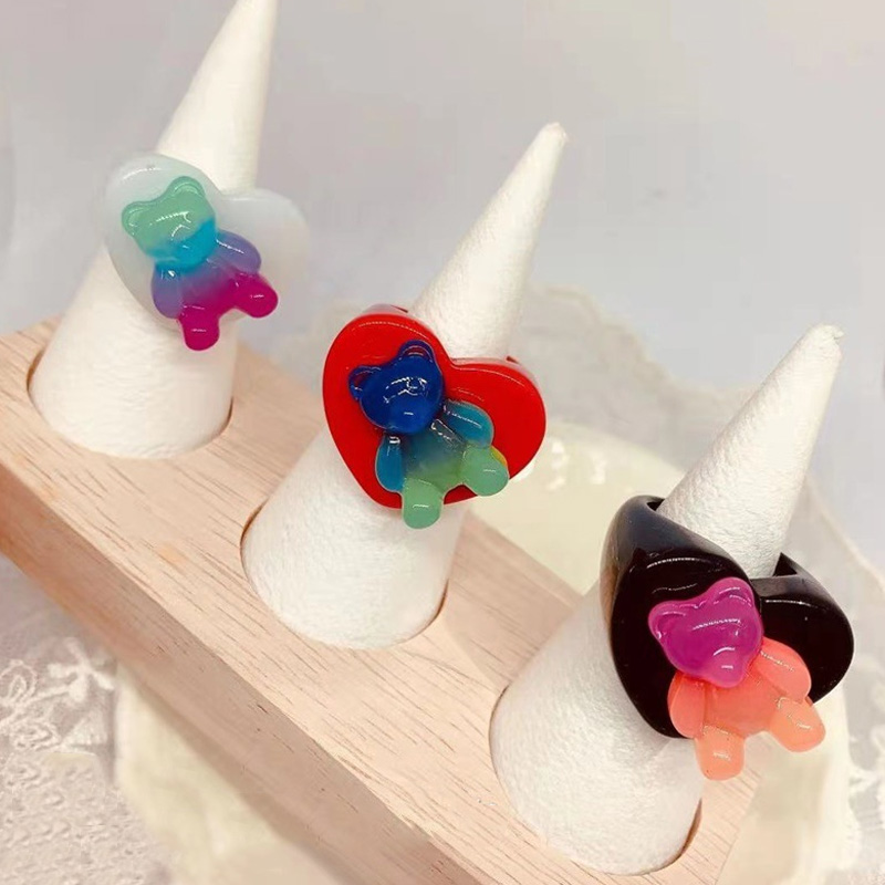 Korean New Trendy Geometric Heart Bear Resin Ring Cute Color Acrylic Bear Ring For Women Girls