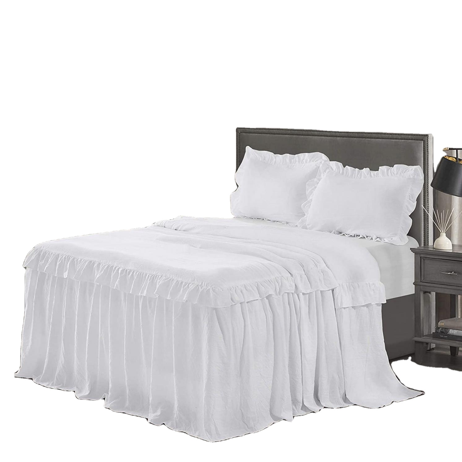 Amazon Chinese Designer wholesale king size 100 polyester bedspread Bed skirt sheets white customized bed cover skirt set