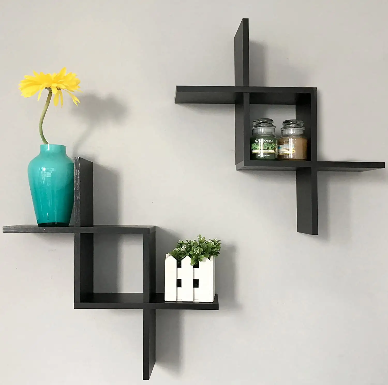 Home Decorative Geometric Wooden Cross Intersecting Wall Mounted Floating Shelves Rack