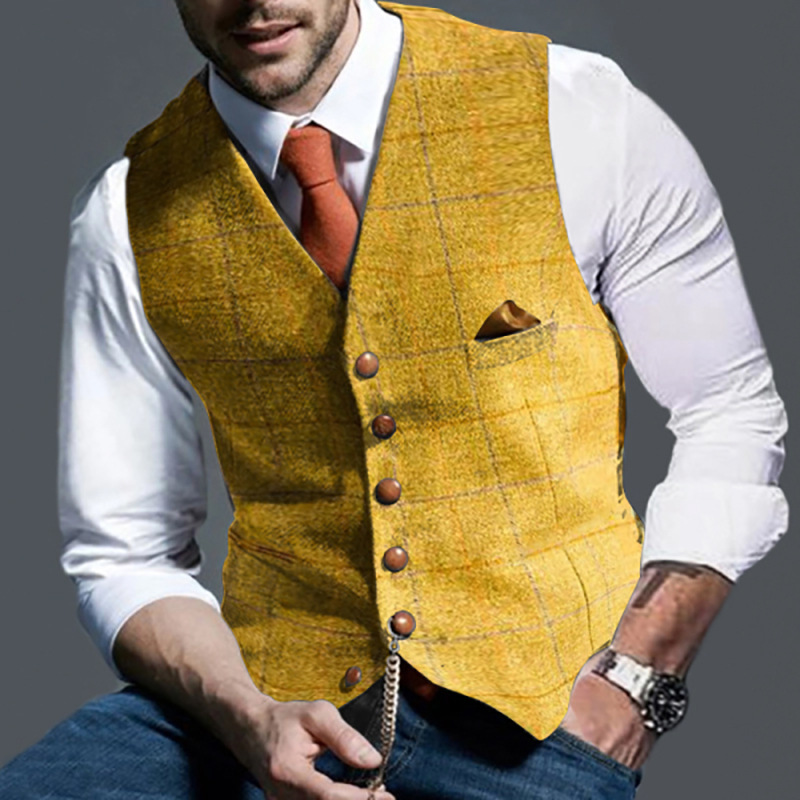 Hot Sale Men's Fashion Check V-neck Dress Vest