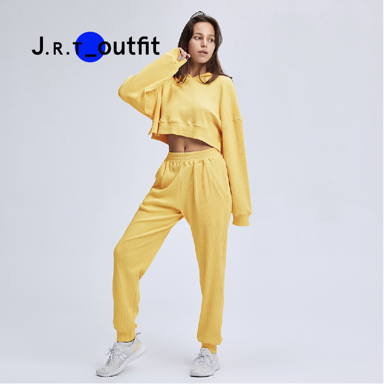 J.R.T Exquisite Workmanship Yellow Active Wear Running Sports Hooded Yoga Women Long Sleeve Sports Suit Sets