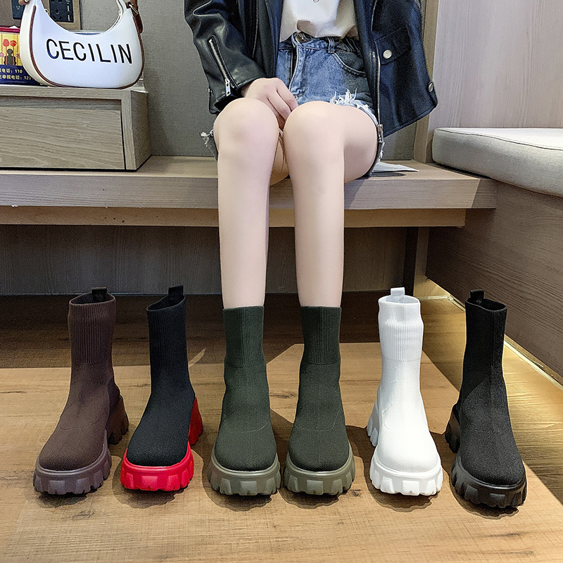 2021 New Thick Bottom Boots Women Breathable Knitted Elastic Socks Boots Thick Heel Platform Short Boots