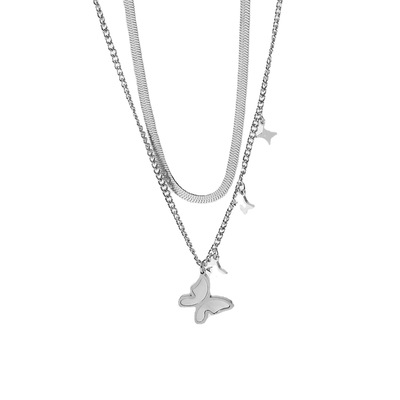 simple fashion women INS style 14K gold plated butterfly pendant double stainless steel necklace