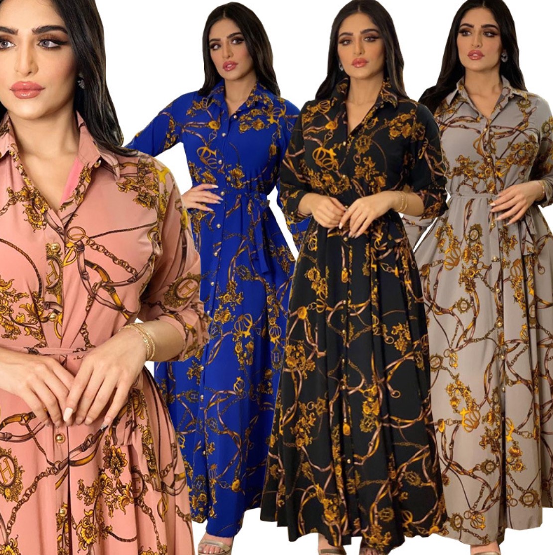 4 Colors Dubai Turkish Arab Kaftan Long Sleeve Maxi Dress Ethnic Islamic Clothing Women Flower Printed Abaya Muslim Dress