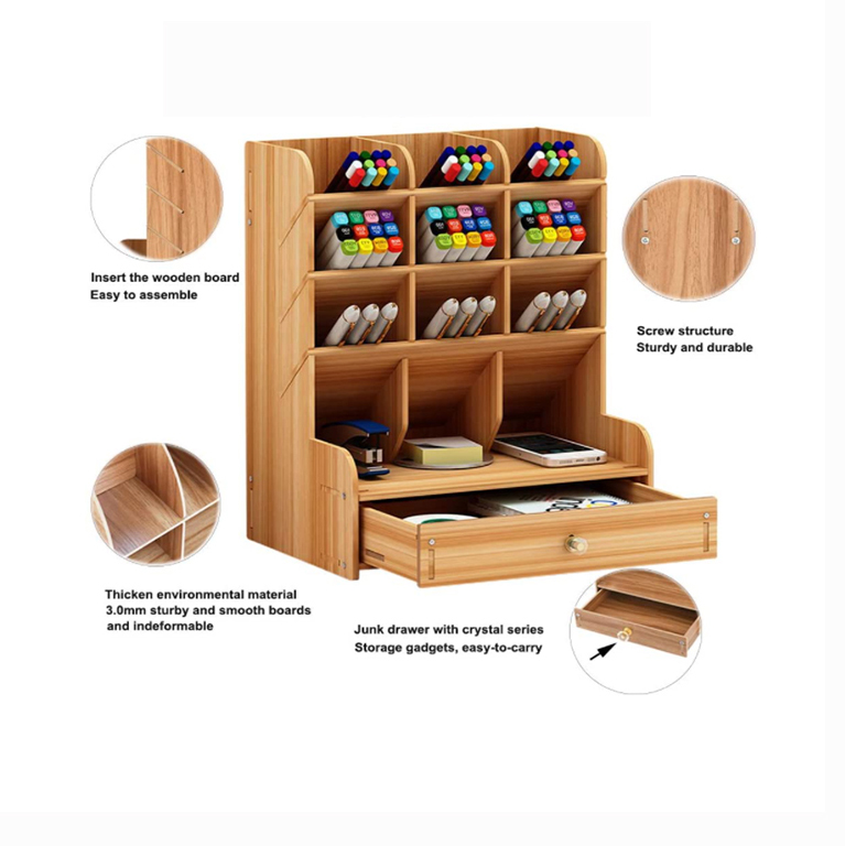 Multi-Functional DIY Pen Holder Box Desktop Stationary Easy Assembly Home Office Art Supplies Wooden Pen Organizer
