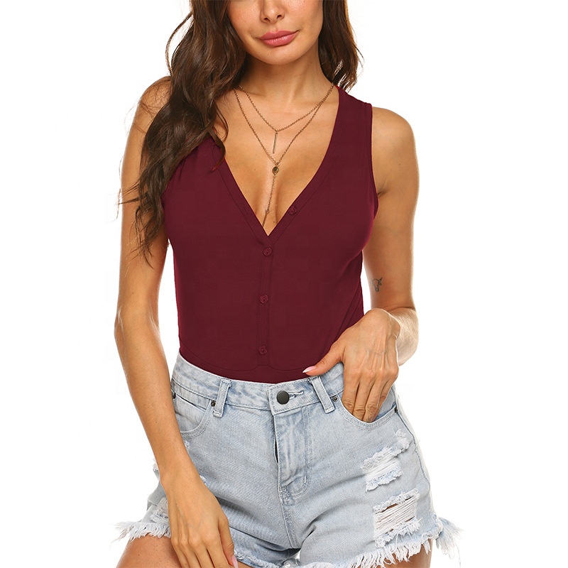 Summer Sleeveless Bodysuit V Neck Pure Color Catsuit For Women