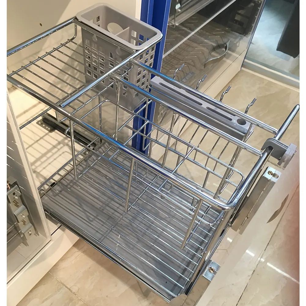 Metal full height double slide pull out spice metallic 2 tier undersink steel shelf basket rack with rail rails and baskets