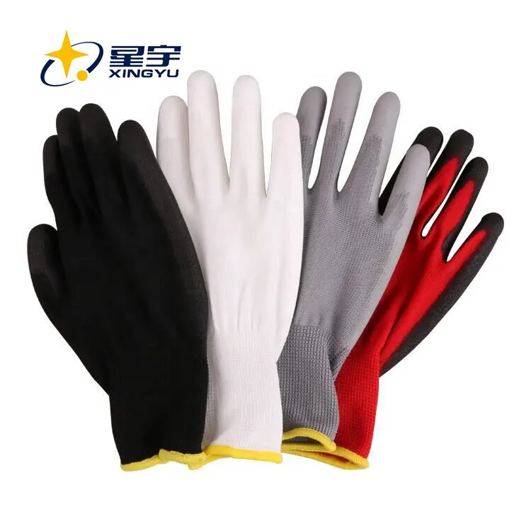Nylon Safety Dipped Hand gloves Esd Xingyu Polyester Working White Black Grey Construction Pu Coated Glove
