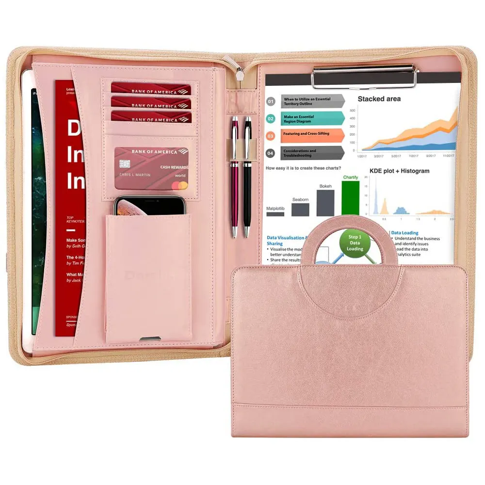 Pink Color Pu Leather A4 Size Business Presentation Folder Portfolio Personalized Padfolio for Women Leather Folio Custom A4