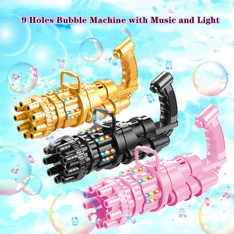 7.8in Kids Automatic Gatling Bubble Gun Toys Summer Soap Water Bubble Machine 9 Holes Electric Magic Bubble Machine
