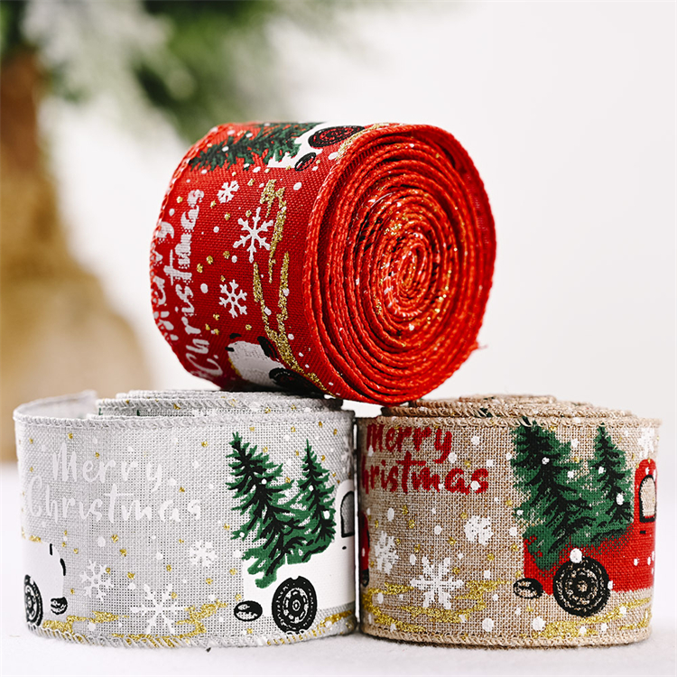 Factory wholesale satin print christmas wide brimmed ribbon gift box packaging decoration christmas wire edge ribbon