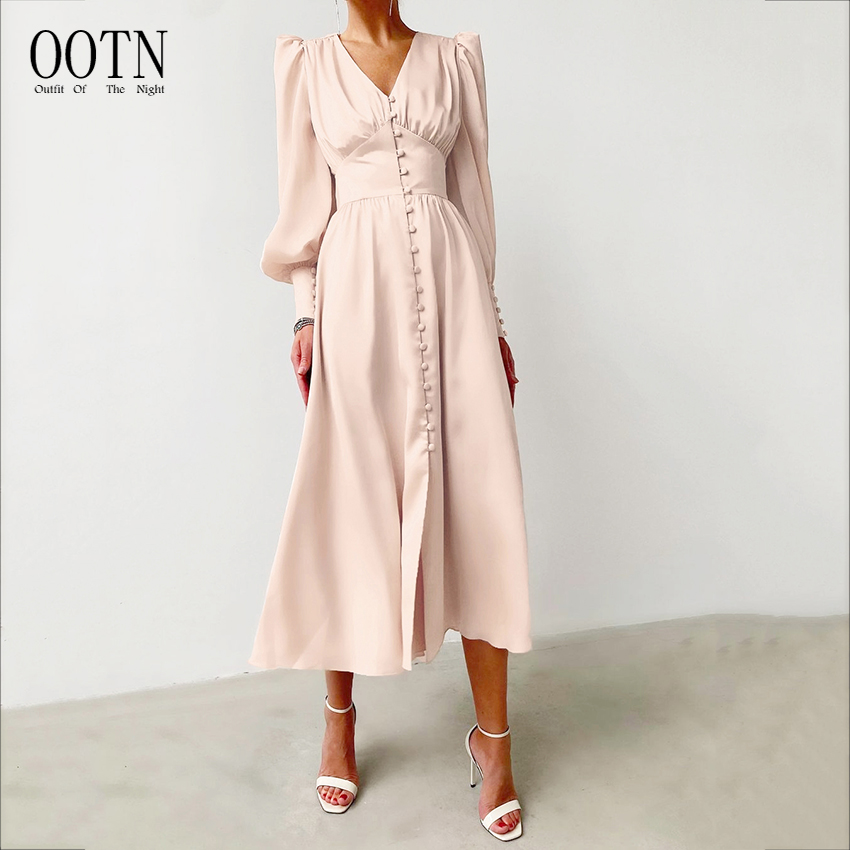 Элегантное облегающее платье OOTN цвета шампанского, женские плиссированные платья с рюшами и V-образным вырезом для вечеринки, весеннее атласное длинное платье с пышными рукавами