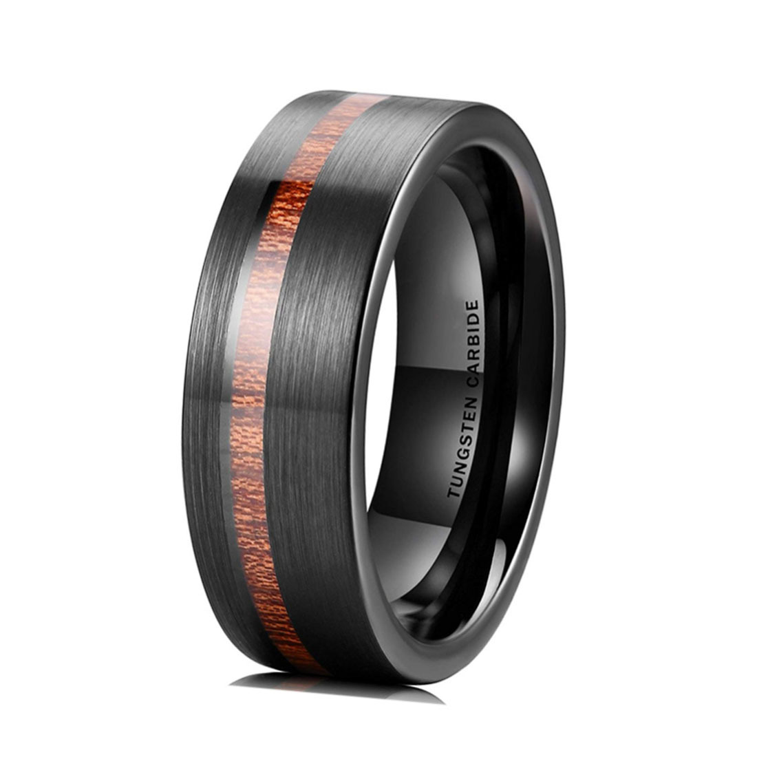 tungsten wedding meteorite 8mm brush black finish KOA wood inlay in center tungsten carbide band for men ring