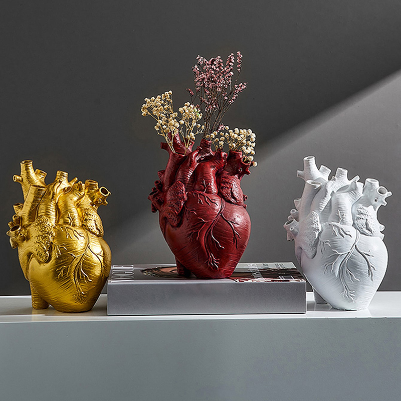 Creative Modern Vase Resin Anatomic Heart Shaped Artificial Flower Vase For Home Decor