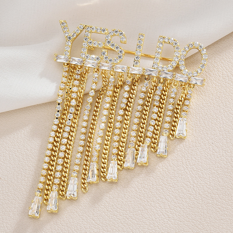 Zircon Cubic Stone Paved Customized Tessel Dangling Link Chains With Letter Yes I Do Initial Letter Brooches Women New Hot Sale