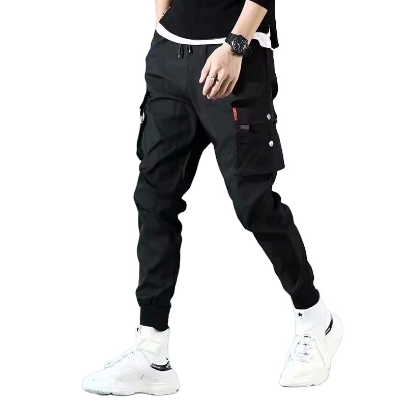 2021New multi-bag cargo pants handsome hip-hop show thin high waist leisure pants fall loose jeans men