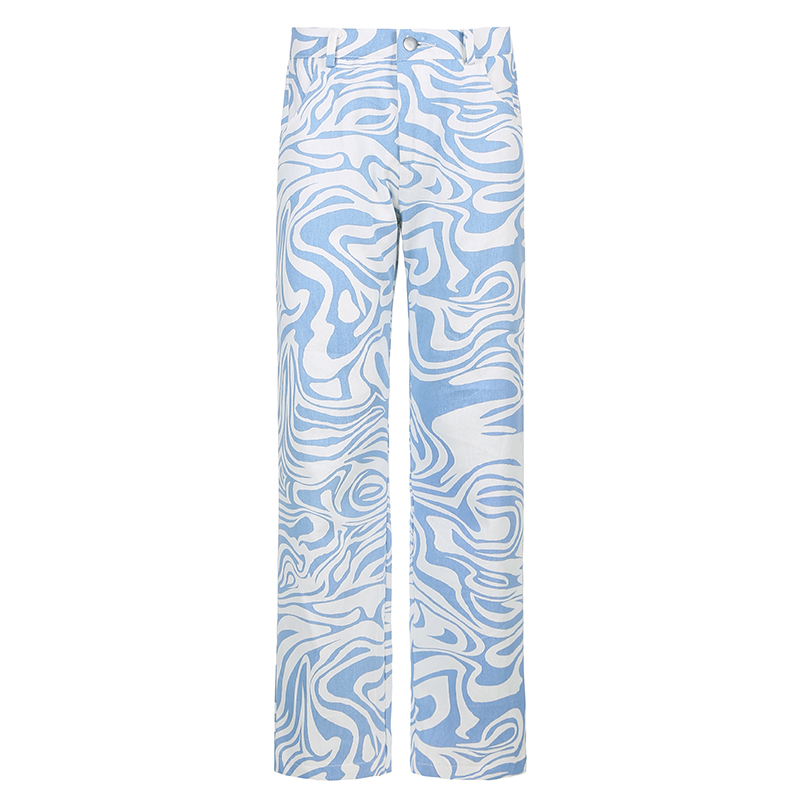 Print Casual High Waist Pants Women Fashion Skinny Long Trousers Ladies Blue Straight Sweatpants