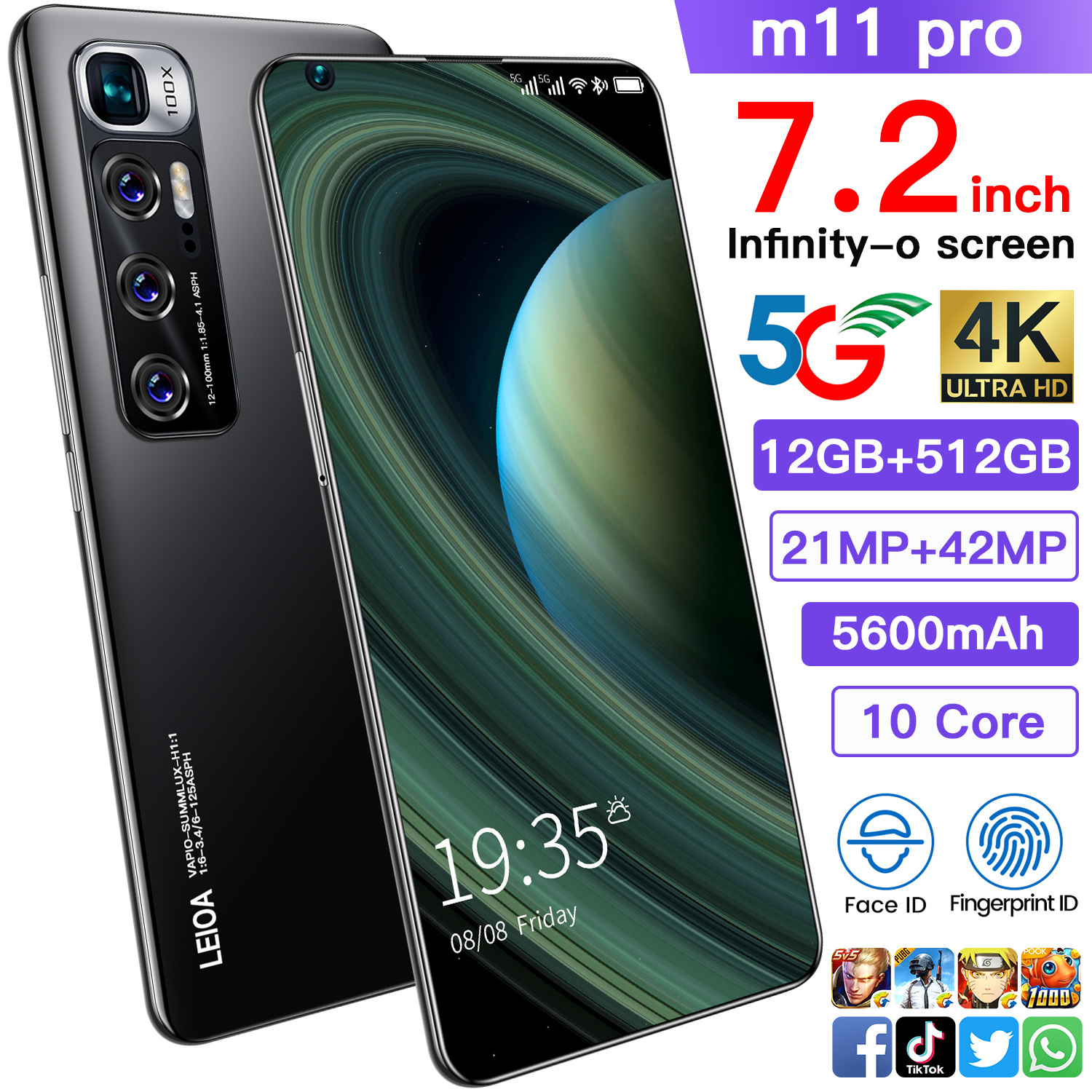 Глобальная версия смартфона M11 Pro, 12 Гб + 512 ГБ, 7,3 дюйма, поддержка смарт-экрана распознавания лица, сканер отпечатков пальцев, две SIM-карты, 4G, 5G, мобильный телефон