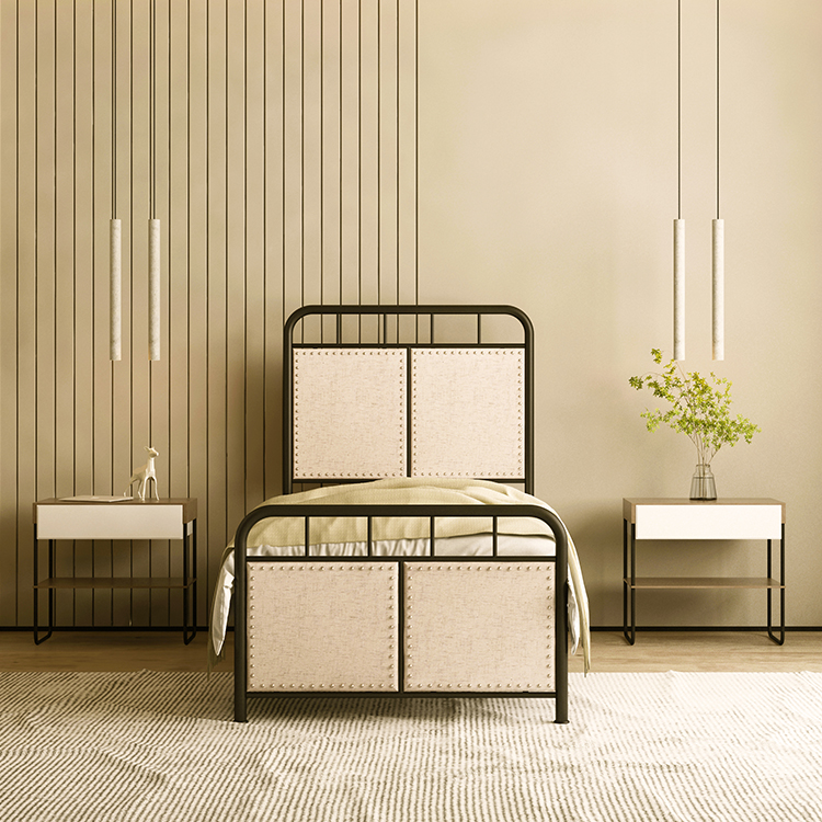 New Black Industrial Style Simple Frame Single Metal Bed With Upholstered Backrest