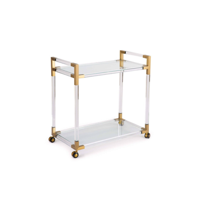 2 Tier Solid Acrylic Bar Trolley Clear Lucite Household Hotel Rolling Cart with Gold Bronze Metal Frame
