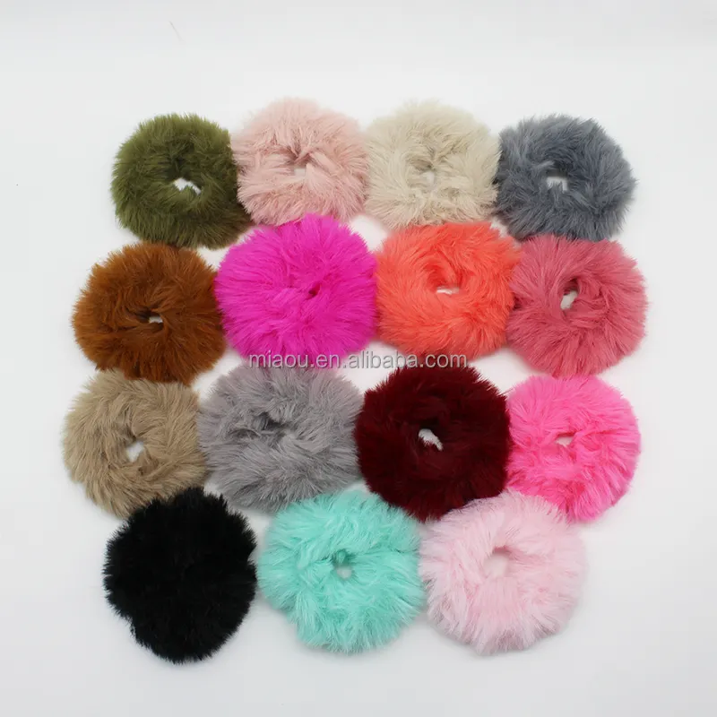 15colors 100pcs Cute Furry Scrunchie Headband Elastic Hair Bands Girls Artificial Faux Fur Rubber Elastic Ring Rope Fluffy Tie