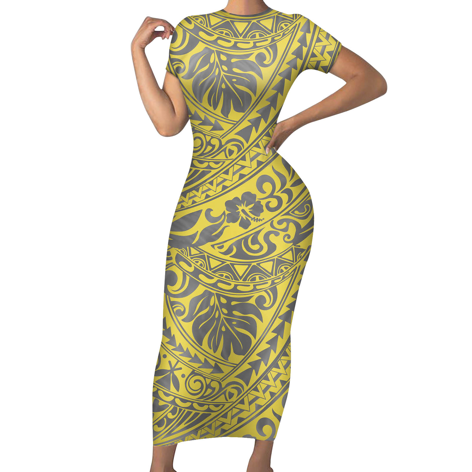 Hawaiian Leaves Print Maxi Dress for Women Casual Polynesian Tribal African Women Bodycon Short Sleeve Sexy Summer Long Dress