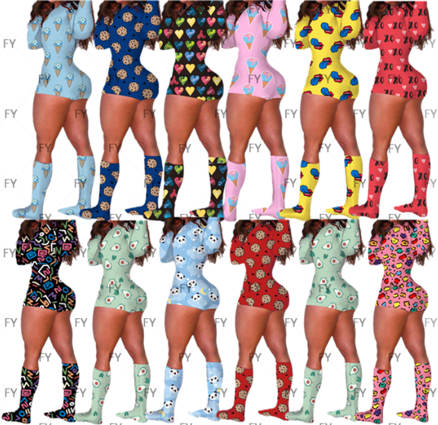 Wholesale Custom Printed Long Sleeve Short Bodysuit One Piece Outfits Romper Adult Onesie With Socks Women Sexy Jumpsuit 2021