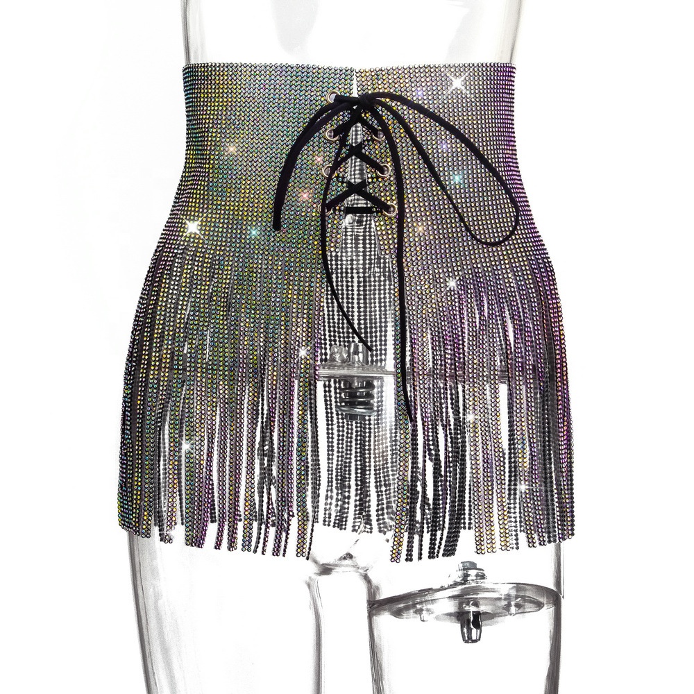 V004 Bling Sexy Crystal Rhinestone Chainmail club party dress fashion Hollow Out rhinestone tassels skirt