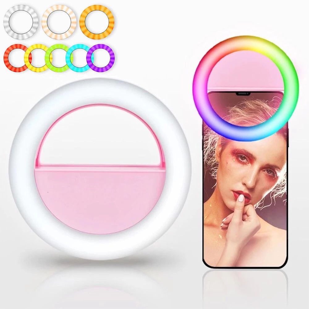Перезаряжаемое кольцо со светодиодной подсветкой RGB, кольцо для селфи с зажимом для мобильного телефона, Кольцевая вспышка, яркая заполняющая лампа для освещения смартфона
