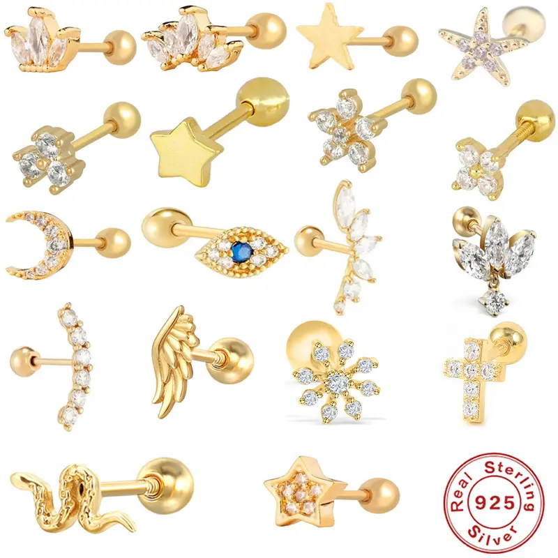 Trendy 18K Gold Plated Geometric Cross Cartilage Earring Cubic Zirconia CZ 925 Sterling Silver Evil Eyes Ear Piercing Jewelry