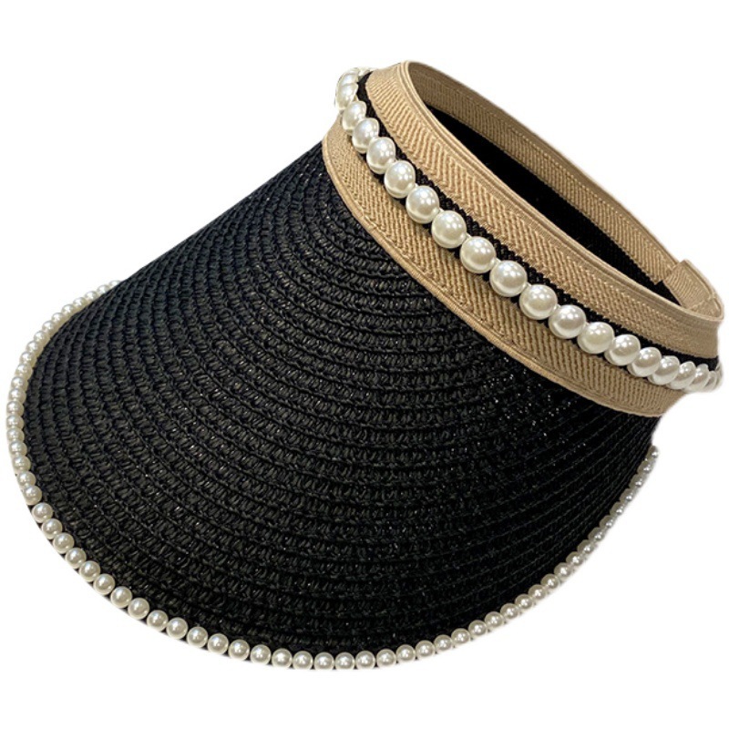 Women Foldable Pearls Sun Hats Summer Travel Beach Straw Hat Large Big Brim Pearl Empty Top Straw Hats