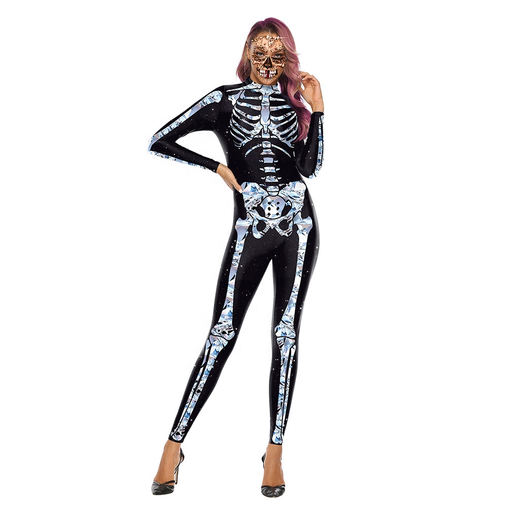high neck skeleton slim printed jumpsuit for women Halloween super cool 3D digital printed diamond skeleton adult slim jumpsuit
