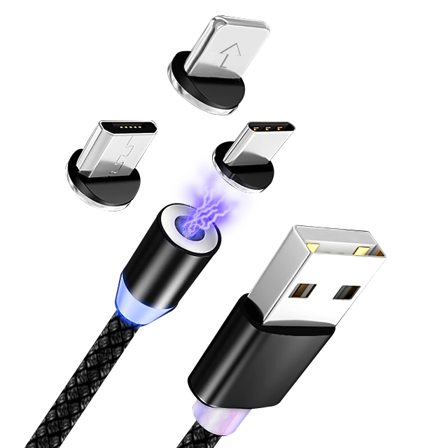 360 градусов светодиодный нейлоновый плетеный 3 в 1 Магнитный USB-кабель для зарядки мобильного телефона