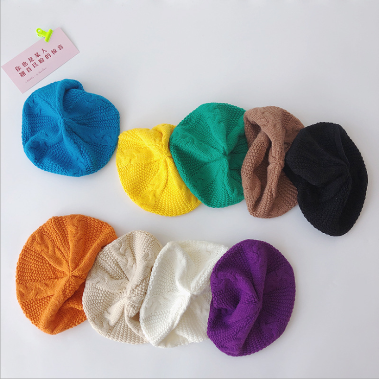 Children's beret solid color girls autumn and winter knitted hat