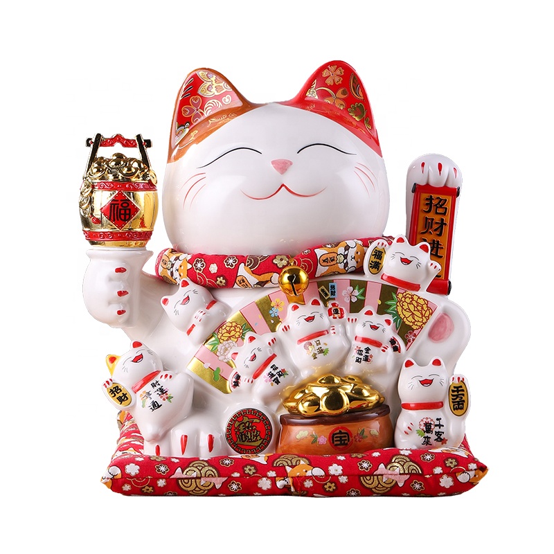 Handpainted cute design 11" hand shake japanese ceramic lucky cat wholesale