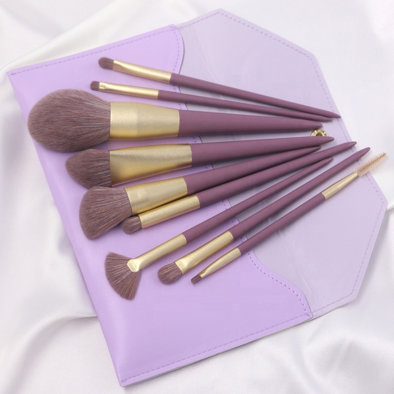 New High Quality 9pcs Purple White Gold Pink Synthetic Hair Fashion Foundation Eyebrow Eyelash Makeup Brushes Set Custom Logo