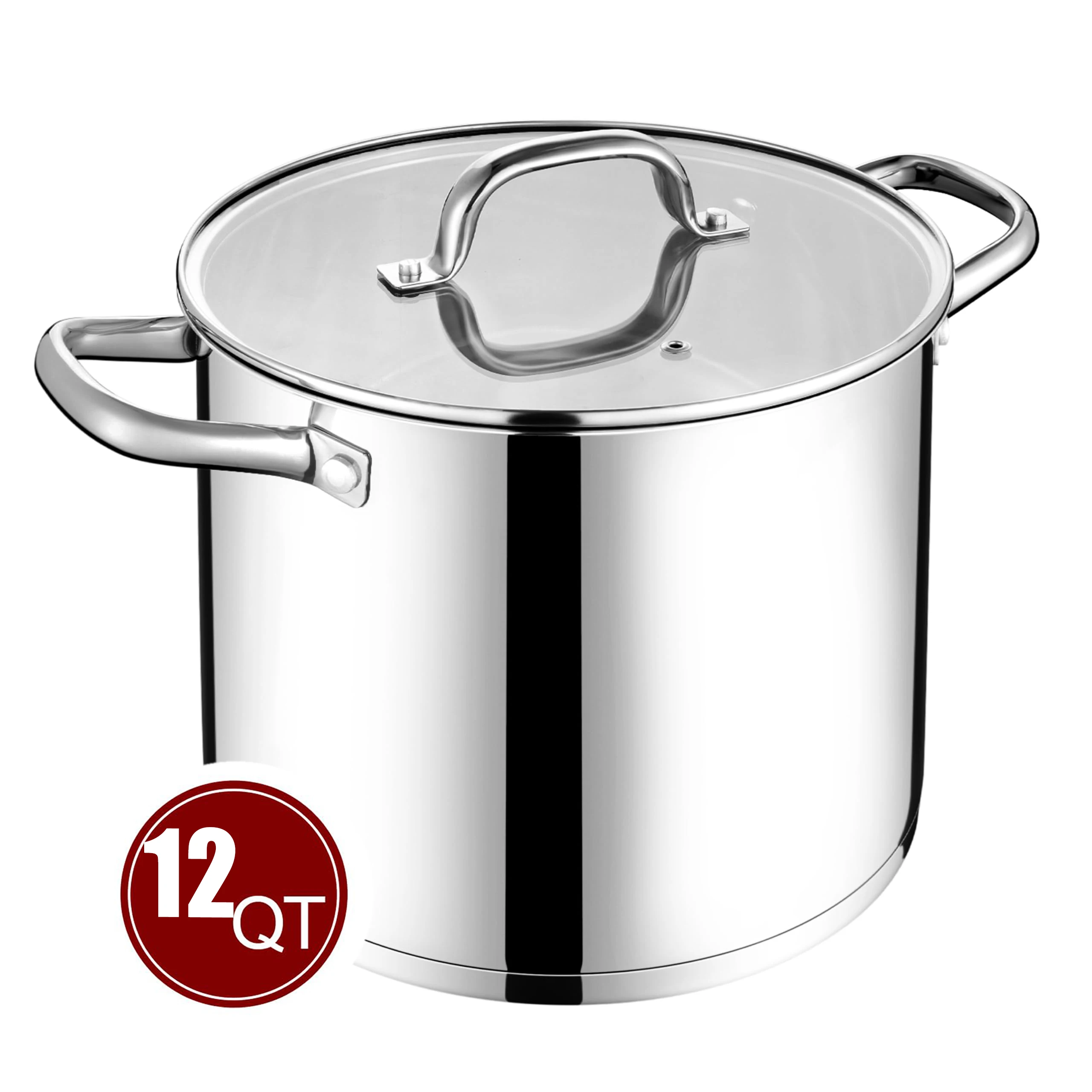 12QT Cooking Pot Heavy Weight Solid Triple-Layer Base Stainless Steel Casserole Soup Pot Stock Pots with Handle Glass Lid