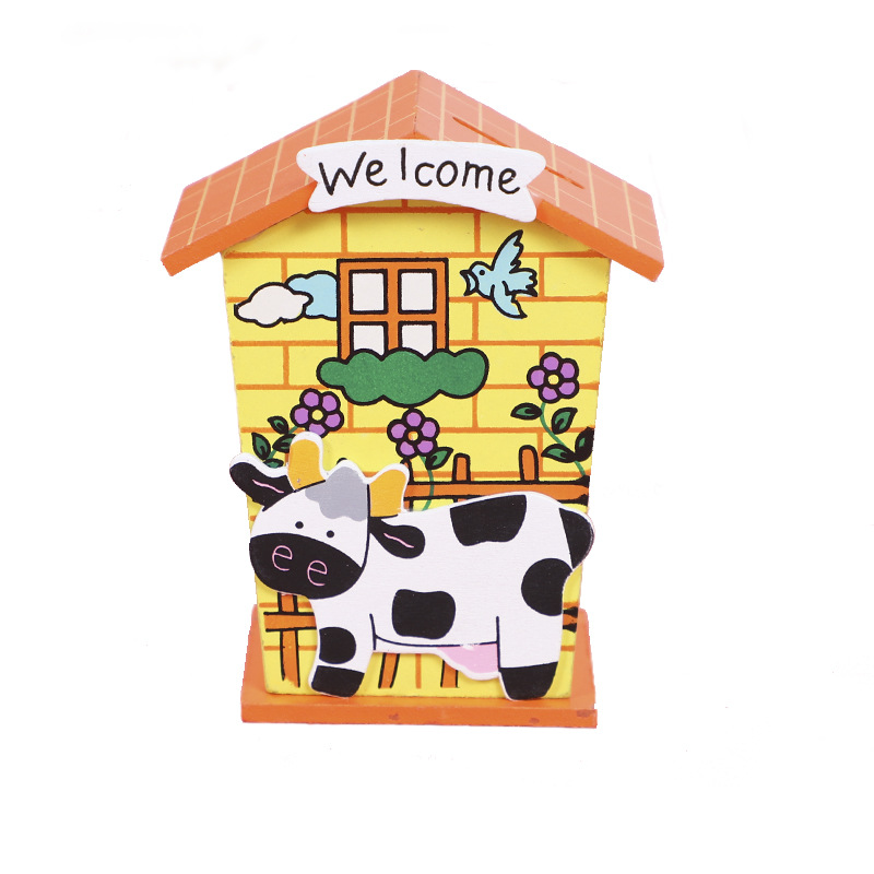 Creative Cute Cartoon wooden coin box my first piggy bank house piggy bank