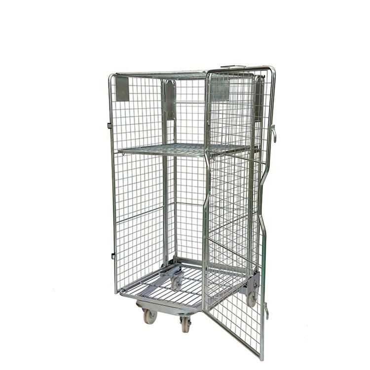 Mobile high quality 4 sided full security nestable warehouse cargo hot sale supermarket wire rolling storage cage trolley