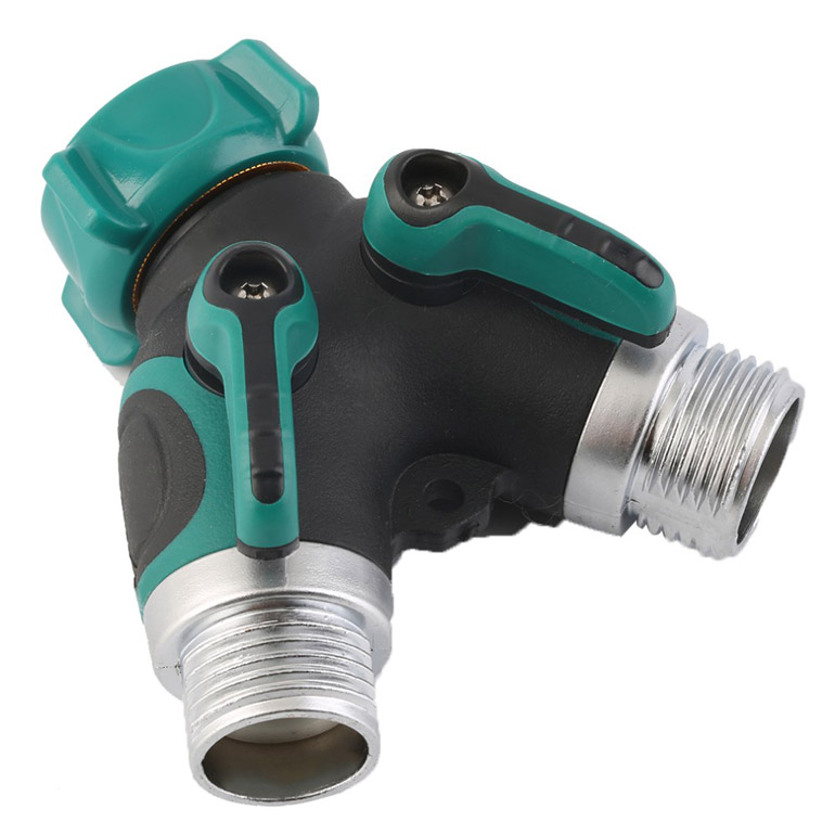 Metal 2-way garden water hose splitter for outdoor