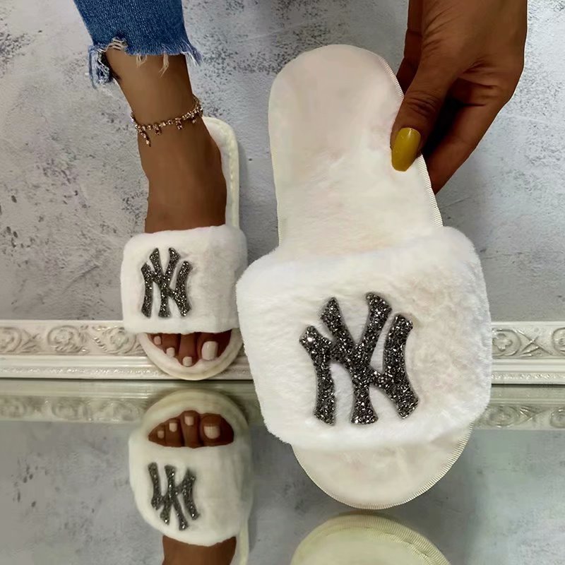 Factory price fashionable luxury new york designer ny fox fur slippers for women