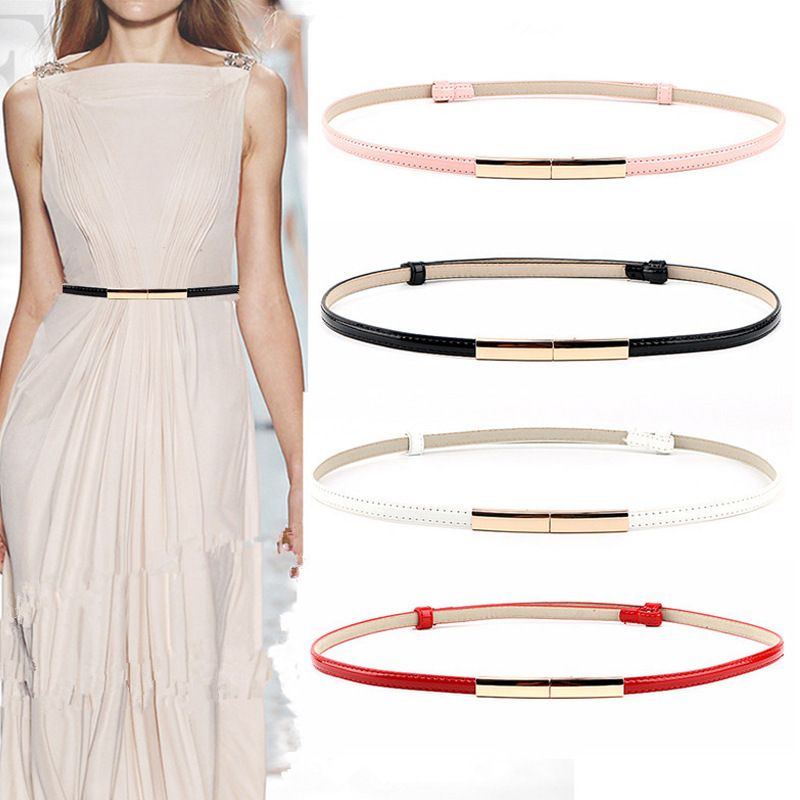 Adjustable Elastic Ladies Dress Waist Belt Slim Leather Women Belt Gold Buckle Black White Blue Skinny Female Belt