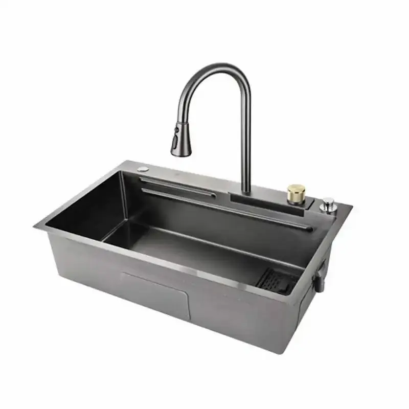 Voriva Hot Sale Ware Wash Basin Double Bowl Stainless Steel Handmade Rectangular Kitchen Undermount Sink With Waterfall Faucet