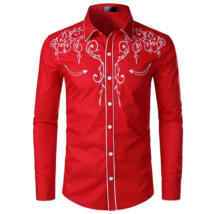 100% хлопок Фанки Стильный Slim Fit Западно-американский Мексика классический красный белый черный Мужская Вышивка Повседневная рубашка