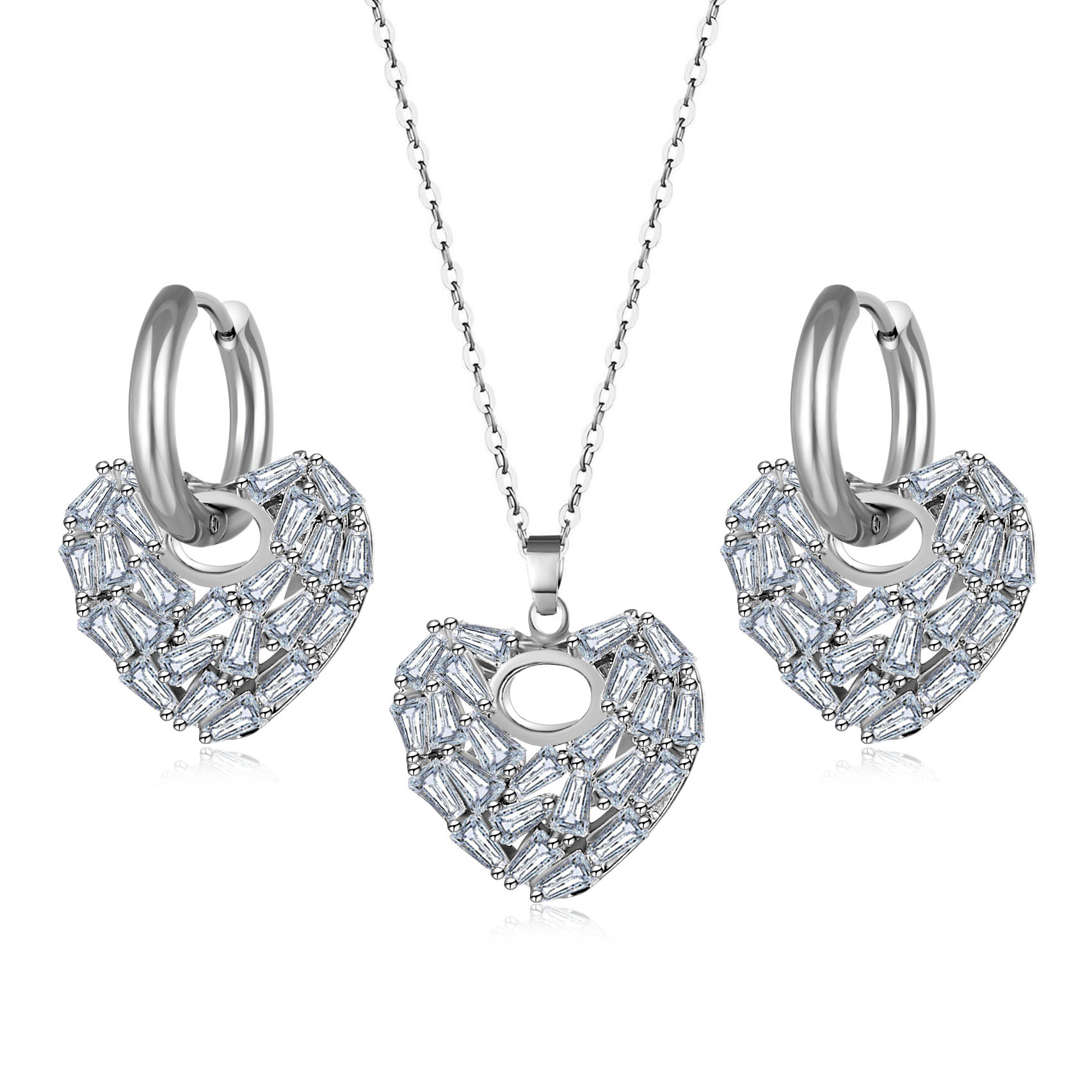 Hainon cheap jewelry set stud earring necklace Stitching heart-shaped white gold plated white zircon Cheap wholesale