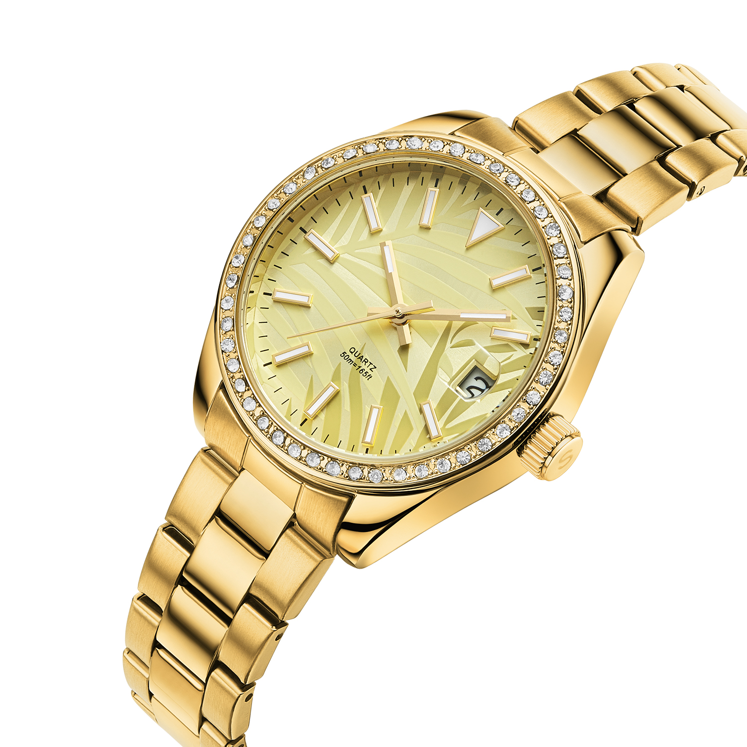 Solid steel Men wrist watch Luxury Brand design with clear stones PVD Gold plating on watch case and watch bracelet Japan Automa