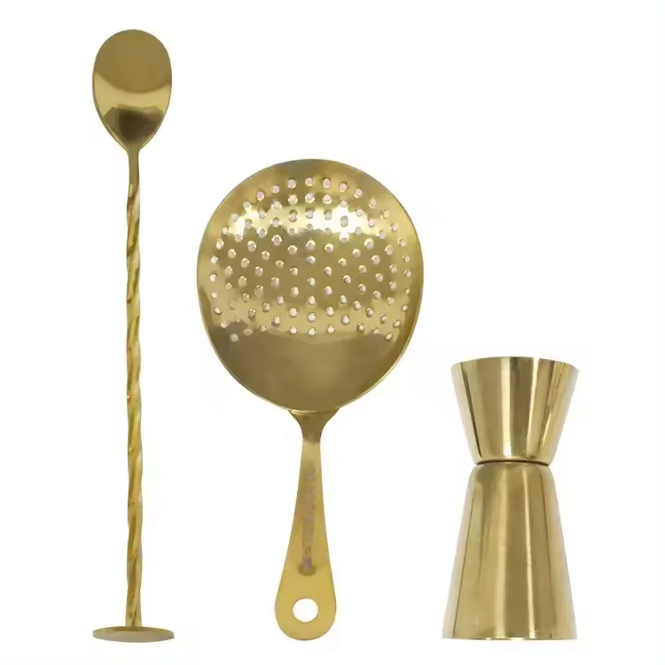 3pcs Gold Plating Cocktail Shaker Set with Jigger Bar Spoon Strainer Bartender Kit Bar Set