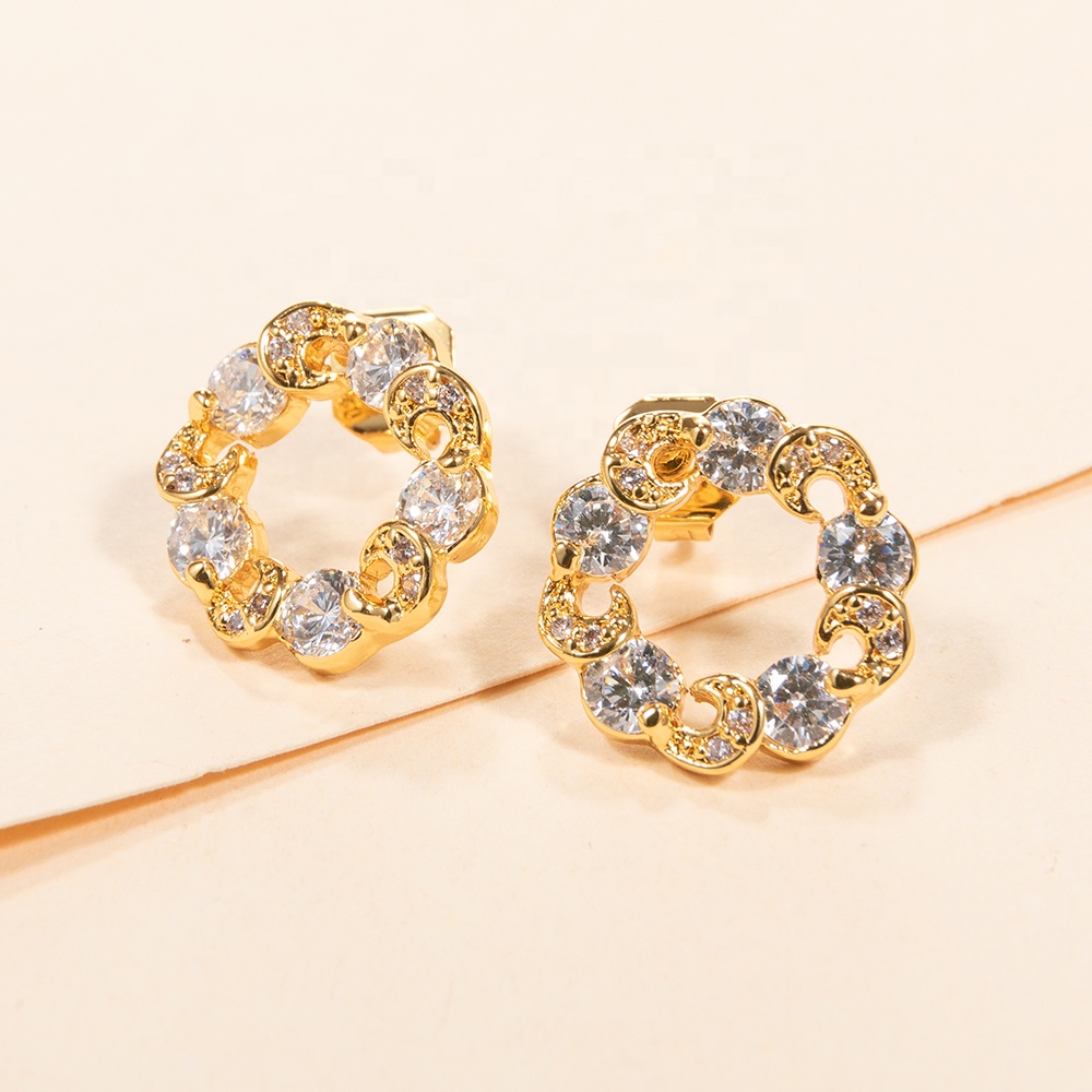 Dainty filigree flower round shape zircon moon pattern dubai 18k pure gold earrings sets for women jewelry